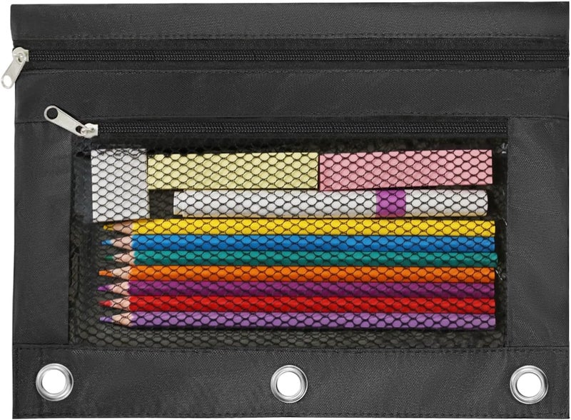INNOIO 3 Ring Binder Pencil Pouch - School Pencil Case with 2 Zippered Pockets, Clear Mesh Window Pencil Bag, B5 Size, Back to School Gifts (Black) - Image 1